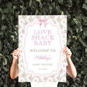 Pink Bow Vintage Floral Baby Shower Welcome Poster