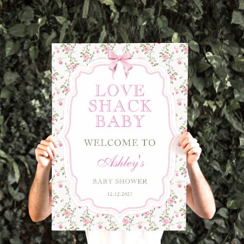 Pink Bow Vintage Floral Baby Shower Welcome  Poster