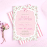 Pink Bow Vintage Roses Elegant Girl Baby Shower Invitation<br><div class="desc">Pink Bow Vintage Roses Elegant Girl Baby Shower Invitation. Click on the “Customize it” button for further personalization of this template. You will be able to modify the name,  including the style,  colors,  and sizes. Matching items available.</div>