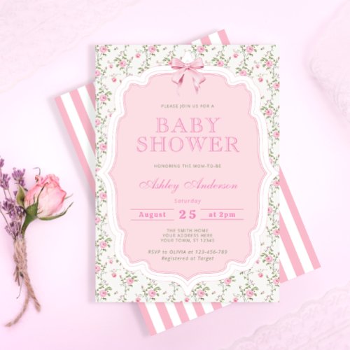 Pink Bow Vintage Roses Elegant Girl Baby Shower Invitation
