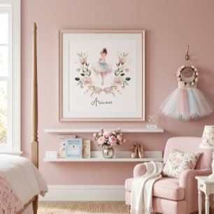 Pink Bow Watercolor Ballerina Nursery Girls Room Poster