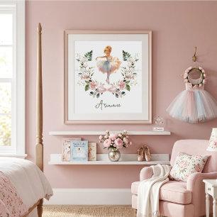 Pink Bow Watercolor Ballerina Nursery Girls Room Poster