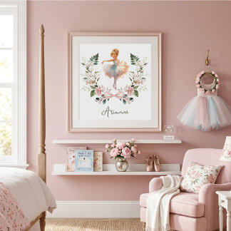 Pink Bow Watercolor Ballerina Nursery Girls Room Poster