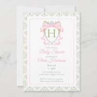 Pink Bow Watercolor Crest Baby Shower Invitation