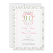 Pink Bow Watercolor Crest Baby Shower Invitation