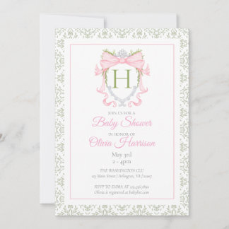Pink Bow Watercolor Crest Baby Shower Invitation