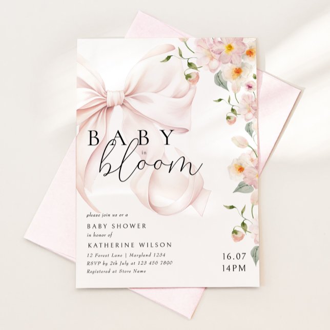 Pink Bow Watercolor Floral Baby Shower Invitation (Creator Uploaded)