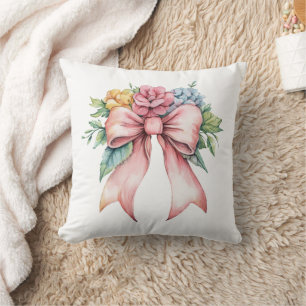 Pink Bow Watercolor Flowers Nursery Bedroom Throw Pillow