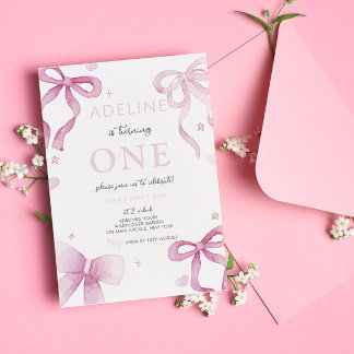 Pink Bow Watercolor Girl 1st Birthday Party Invitation