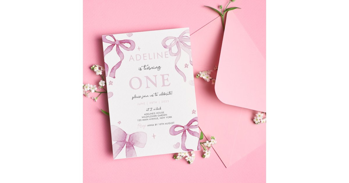 Pink Bow Watercolor Girl 1st Birthday Party Invitation | Zazzle