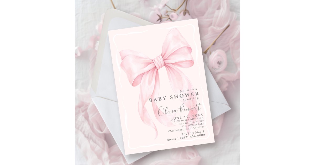 Pink Bow Watercolor Girl Baby Shower Invitation | Zazzle
