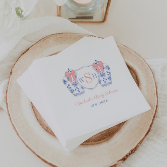 Pink Bow Watercolor Girl Monogram Baby Shower Napkins (Preppy ginger jars with pink bows and 3 letter monogram baby girl shower party napkins)