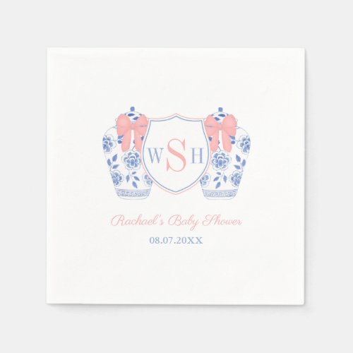 Pink Bow Watercolor Girl Monogram Baby Shower Napkins