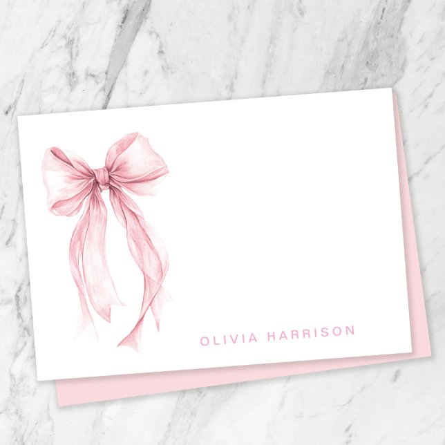 Pink Bow Watercolor Girls Monogram Note Card (Creator Uploaded)