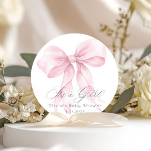 Pink Bow Watercolor It's a girl Baby shower Classic Round Sticker