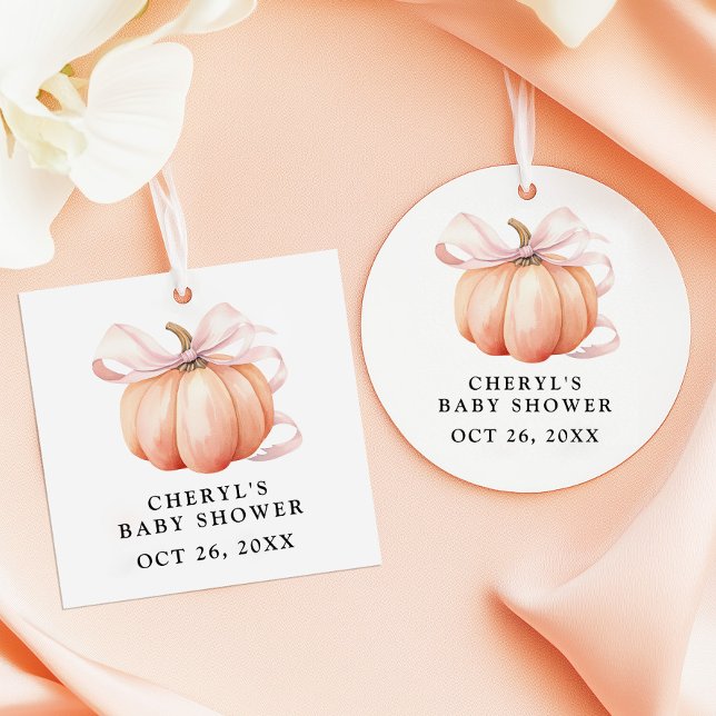 Pink Bow Watercolor Pumpkin Baby Shower Favor Tags (Creator Uploaded)