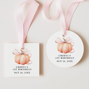 Pink Bow Watercolor Pumpkin Birthday Favor Tags