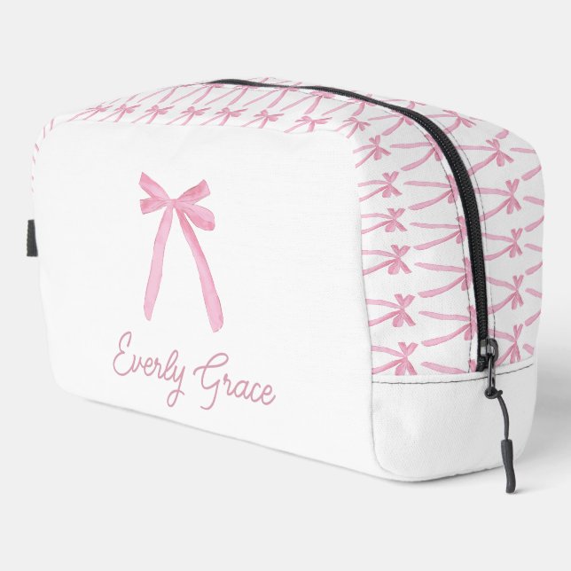Pink Bow Watercolor Ribbon Personalized Dopp Kit (Right Corner)
