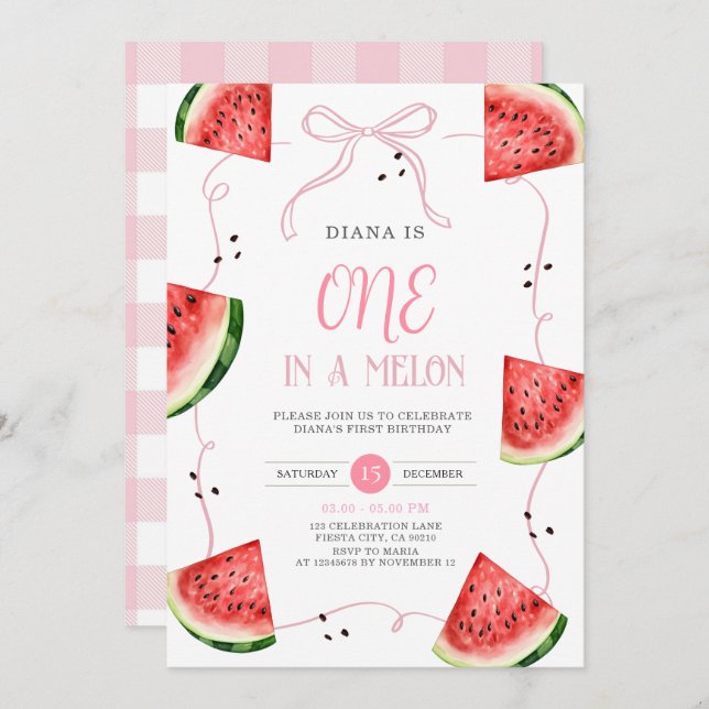 Pink Bow Watermelon First Birthday Invitation (Front/Back)