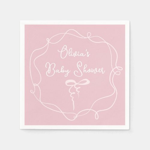 Pink bow wavy frame modern girl baby shower napkins