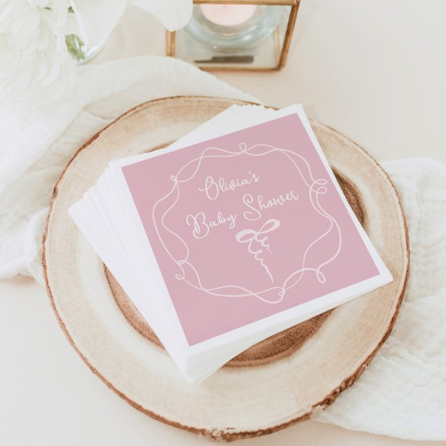 Pink bow wavy frame modern girl baby shower napkins (Creator Uploaded)
