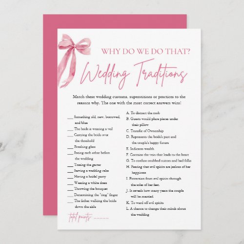 Pink Bow Wedding Traditions Bridal Shower Game Invitation
