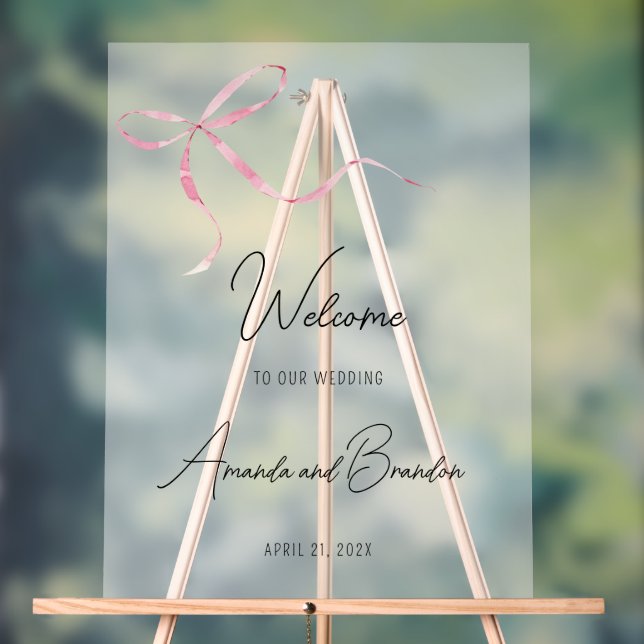 Pink bow Wedding Welcome frosted Acrylic Sign (Neutral)