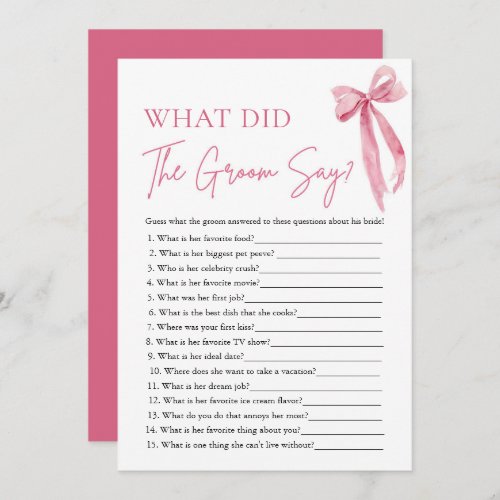 Pink Bow What Did The Groom Say Bridal Shower Game Invitation