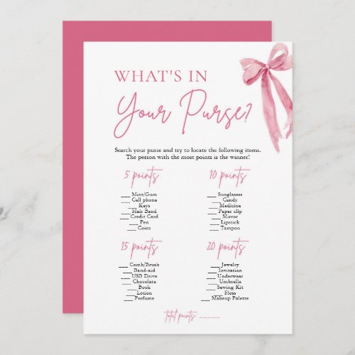 Pink Bow Whats In Your Purse Bridal Shower Game Invitation
