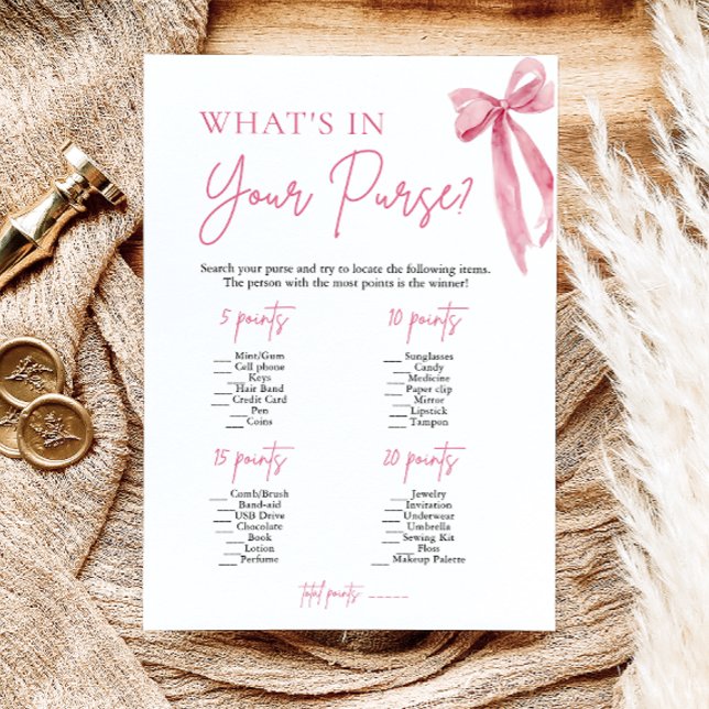 Pink Bow What's In Your Purse Bridal Shower Game Invitation (Creator Uploaded)