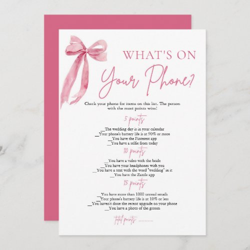 Pink Bow Whats On Your Phone Bridal Shower Game Invitation