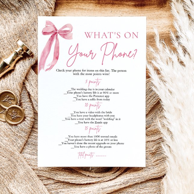 Pink Bow What's On Your Phone Bridal Shower Game Invitation (Pink Bow What's On Your Phone Bridal Shower Game)