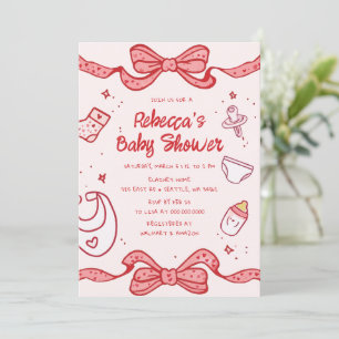 Pink Bow Whimsical Hand Drawn Girl Baby Brunch Invitation