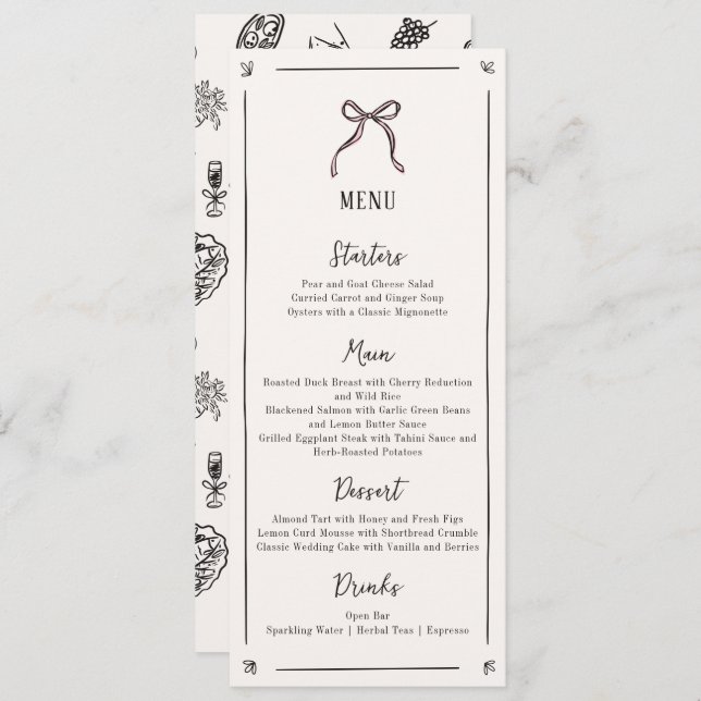 Pink Bow Whimsical, Hand drawn Wedding Flat Menu (Front/Back)