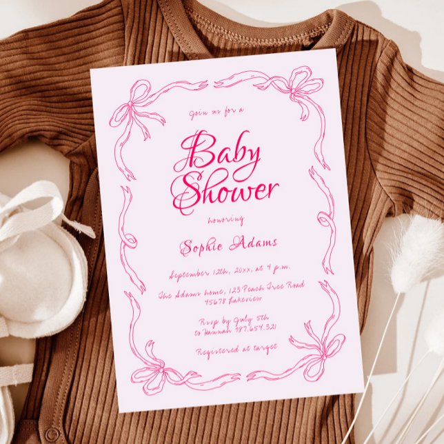 Pink Bow Whimsical Quirky Hand Drawn Baby Shower Invitation (Creator Uploaded)