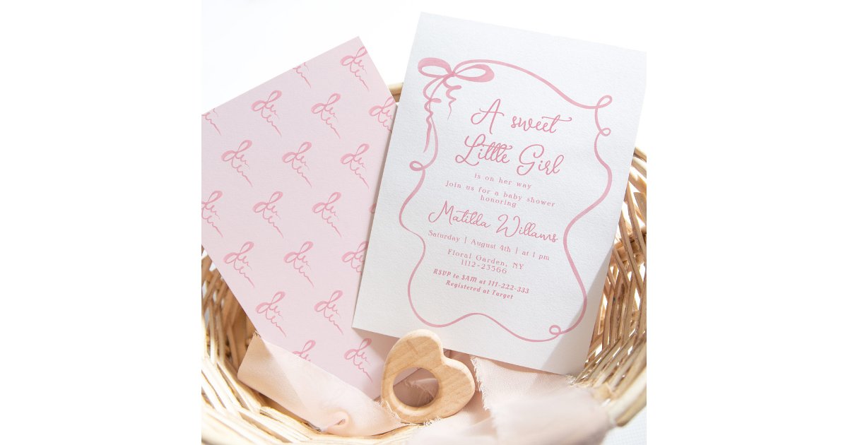 Pink bow whimsical wavy frame girl baby shower invitation | Zazzle