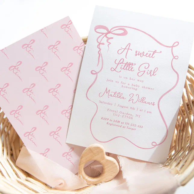 Pink bow whimsical wavy frame girl baby shower invitation | Zazzle