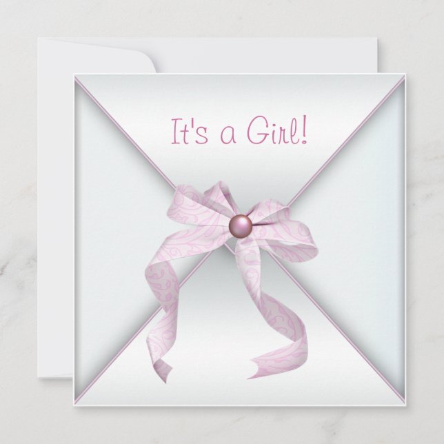 Pink Bow White Baby Girl Shower Invitations (Front)