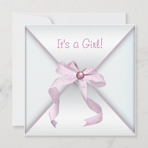 Pink Bow White Baby Girl Shower Invitations