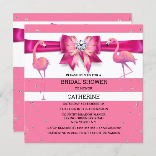 Pink bow white stripe glitter flamingo theme party invitation