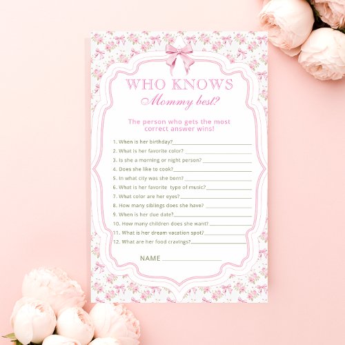 Pink Bow Who Knows Mommy Best Baby Shower Game