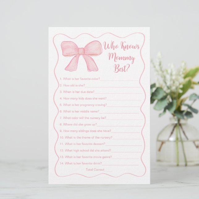Pink Bow Who Knows Mommy Best Baby Shower Game (Standing Front)
