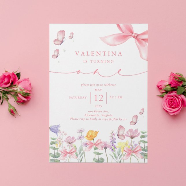 Pink Bow Wildflower 1st Birthday  Invitation (Creator Uploaded)