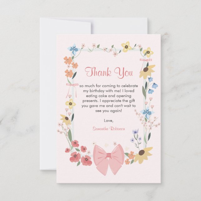 Pink Bow Wildflower 1st Birthday  Thank You Card (Front)