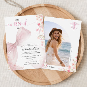 Pink Bow Wildflower Medical Nurse Graduation Invitation