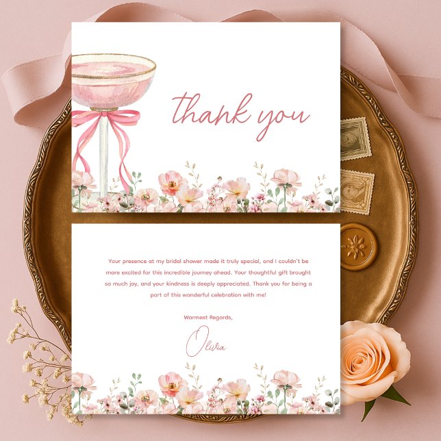 Pink Bow Wildflowers Blush Bridal Shower Thank You Card (Creator Uploaded)