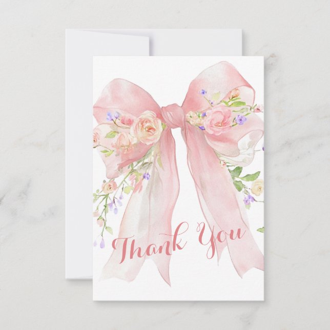 Pink Bow Wildflowers Thank You Card (Front)