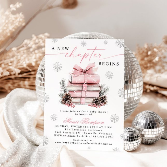 Pink Bow Winter Baby Shower A New Chapter Begins Invitation (Creator Uploaded)