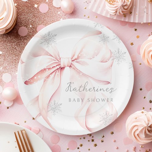 Pink Bow Winter Baby Shower Party Paper Plate