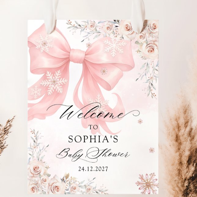 Pink Bow Winter Baby Shower Welcome Poster (Creator Uploaded)